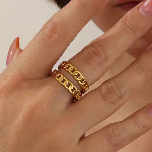 18K Gold Plated Chain Ring – Double Layer Adjustable Open Band, Stainless Steel - Picture 1 of 5